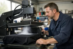 "Technicien en entreprise de flocage textile à Vaud, Suisse, contrôlant une machine de flocage"