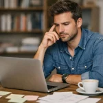 "Refonte site internet WordPress, homme réfléchit devant son ordinateur"