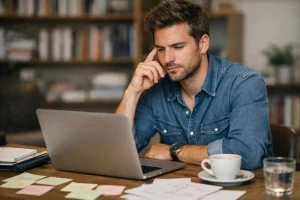 "Refonte site internet WordPress, homme réfléchit devant son ordinateur"