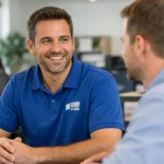 Personne en milieu de travail portant un vêtement personnalisé, logo brodé, dans un bureau moderne