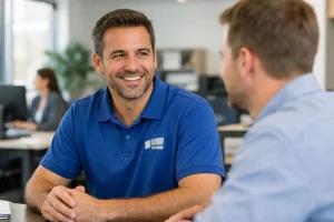 Personne en milieu de travail portant un vêtement personnalisé, logo brodé, dans un bureau moderne