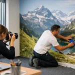 Autocollant mural professionnel suisse en train d'être posé dans un bureau moderne