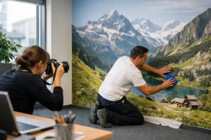 Autocollant mural professionnel suisse en train d'être posé dans un bureau moderne