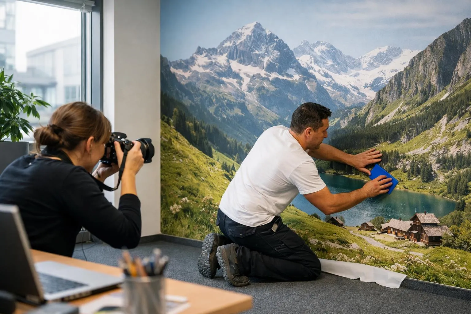 Autocollant mural professionnel suisse en train d'être posé dans un bureau moderne