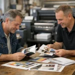 "Choisir un prestataire d'impression dans le Vaud, un client discute avec un professionnel dans une imprimerie"
