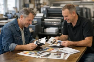 "Choisir un prestataire d'impression dans le Vaud, un client discute avec un professionnel dans une imprimerie"