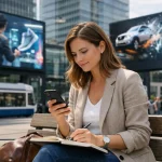 Femme suisse consultant en communication visuelle 2024 à Zurich, écrans géants interactifs en arrière-plan.