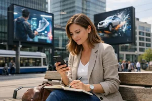 Femme suisse consultant en communication visuelle 2024 à Zurich, écrans géants interactifs en arrière-plan.