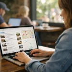 Femme travaillant sur ordinateur portable dans un café local pour optimiser sa visibilité en ligne