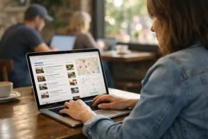Femme travaillant sur ordinateur portable dans un café local pour optimiser sa visibilité en ligne
