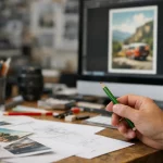 "Studio création affiches publicitaires à Crissier, main avec crayon de couleur sur table de travail"
