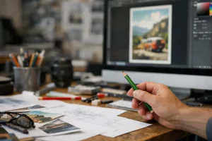 "Studio création affiches publicitaires à Crissier, main avec crayon de couleur sur table de travail"