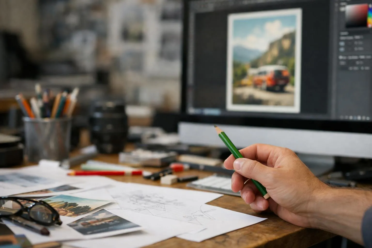 "Studio création affiches publicitaires à Crissier, main avec crayon de couleur sur table de travail"