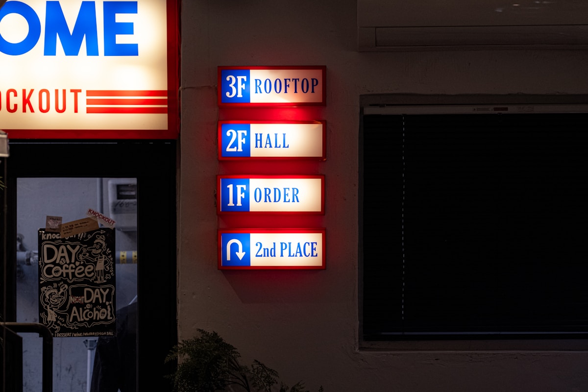 Signalisation intérieure avec indications des étages et zones d'un bâtiment.