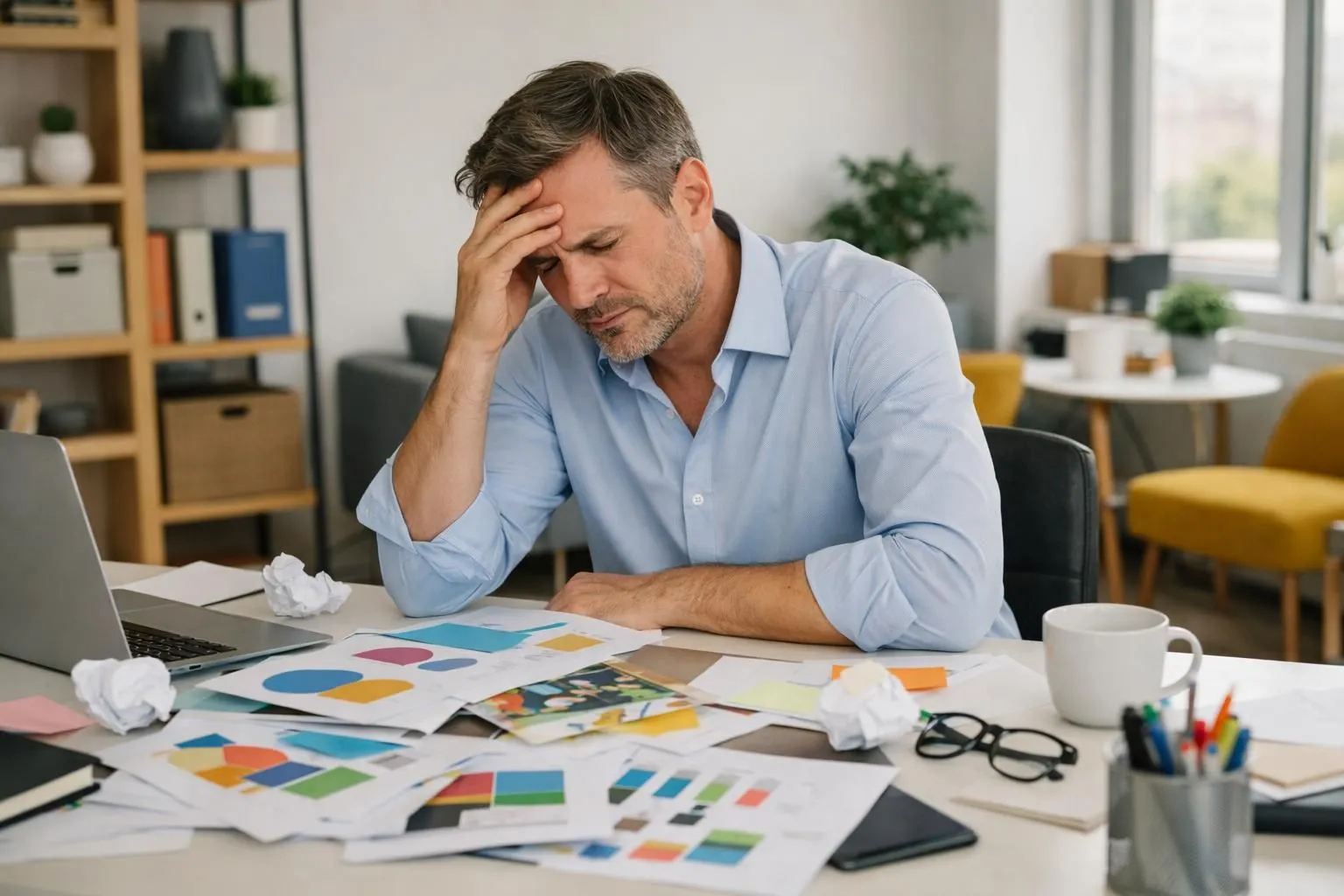 Business owner sitting at cluttered desk with scattered printed flyers, brochures, and marketing materials in disarray, looking frustrated while holding head in hands, surrounded by unorganized visual communication elements representing failed marketing attempts