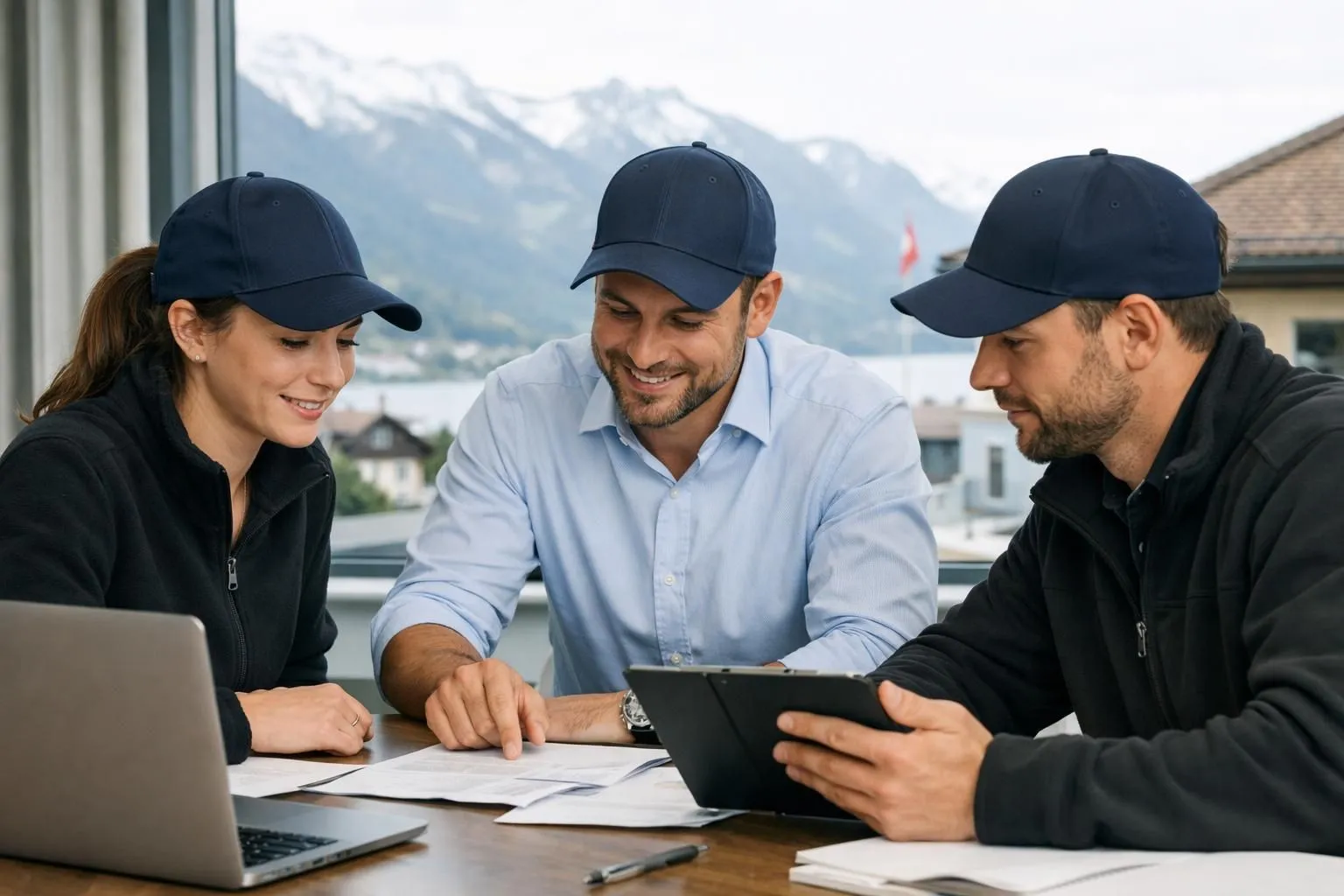 Professional workers wearing high-quality embroidered caps with company logos during business activities in Swiss workplace environment, showcasing brand visibility through apparel. No text, letters, or written words visible in the image.