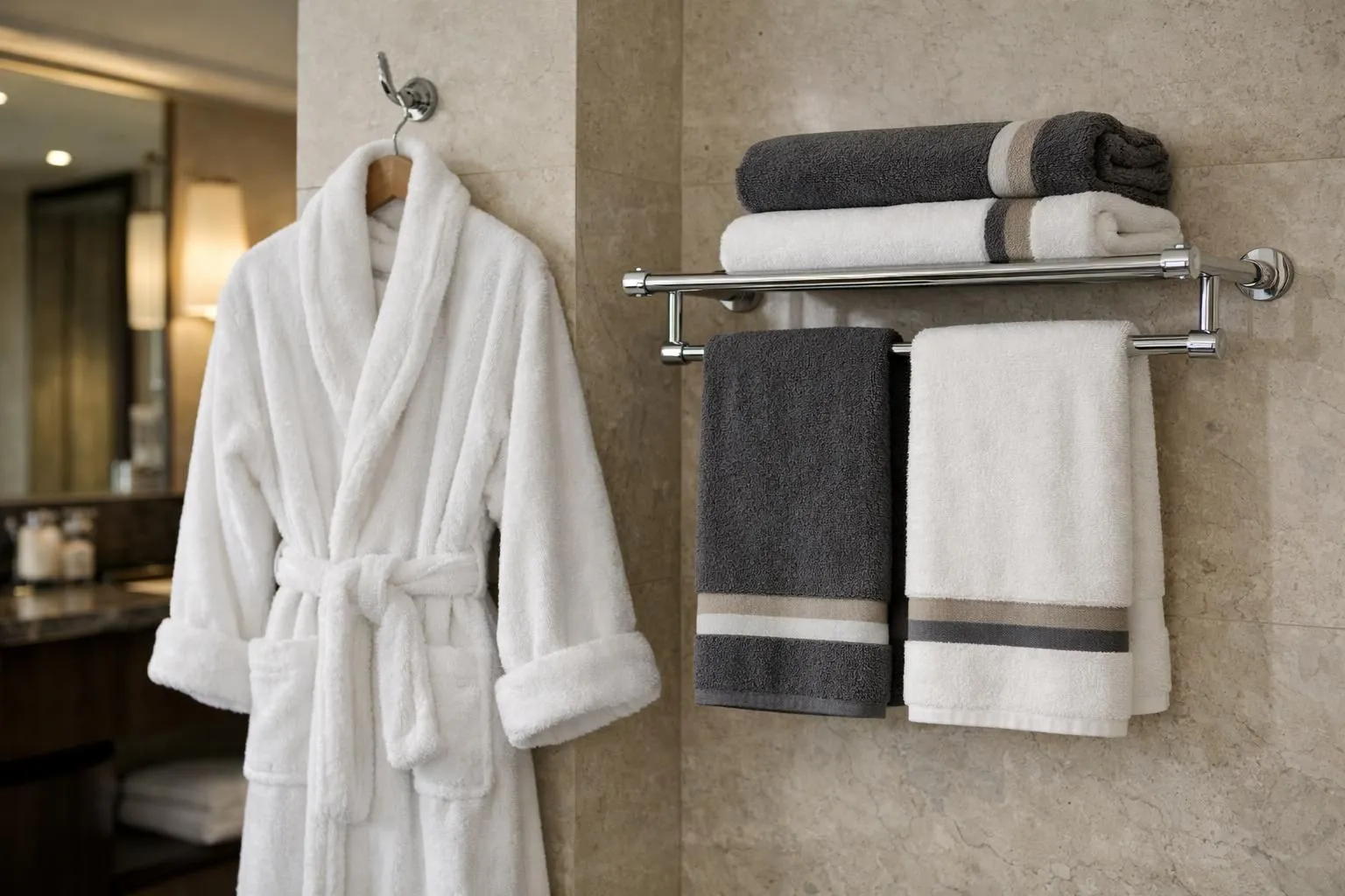 Luxurious hotel suite bathroom with white fluffy bathrobe displaying elegant embroidered hotel logo, premium personalized towels hanging on chrome rail, soft ambient lighting highlighting textile quality and sophisticated hospitality branding