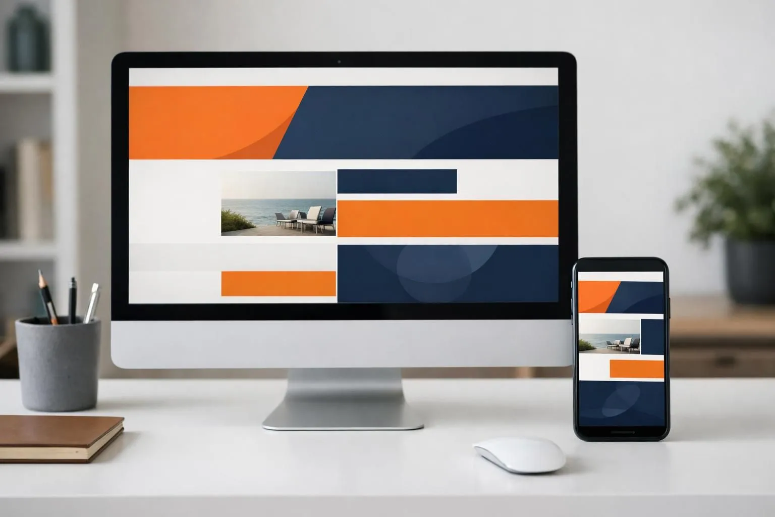 Modern minimalist single-page website displayed on desktop monitor and smartphone side by side, showing smooth scrolling navigation with visible sections stacked vertically, professional business environment, clean interface design, no text visible on screens