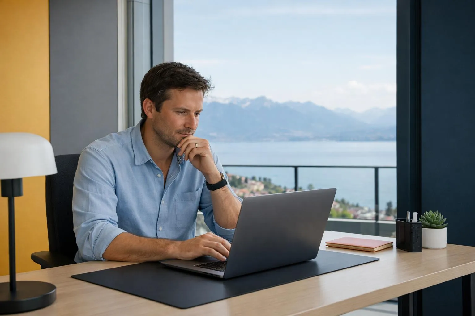 Business owner in modern Lausanne office comparing multiple website proposals on laptop screen, surrounded by printed quotes and business documents, professional Swiss workspace with view of Lake Geneva