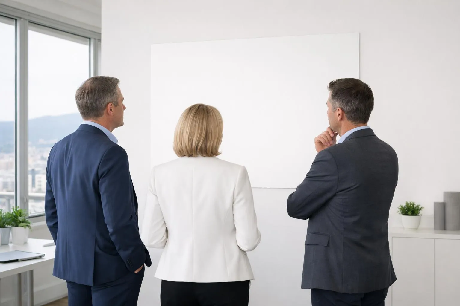 A modern Swiss business professional reviewing a large printed infographic poster on an office wall, showing colorful data visualizations and clean design elements, bright natural office lighting, professional corporate environment