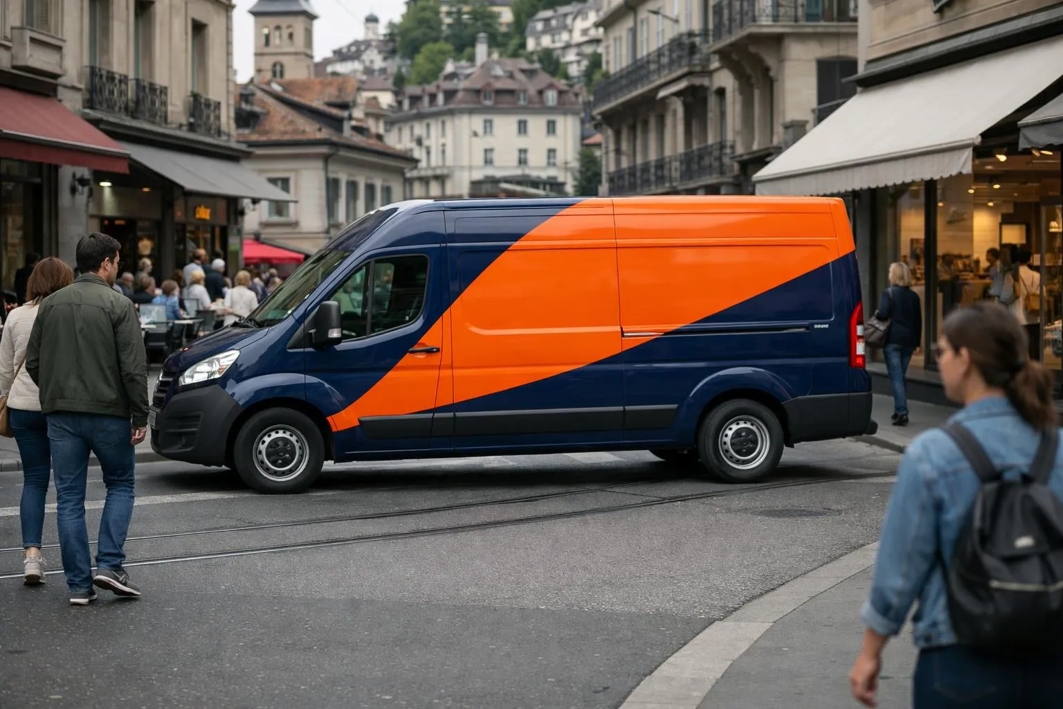 A branded delivery van with professional vehicle graphics driving through a Swiss city street in Lausanne, surrounded by pedestrians and local shops, showing the mobile advertising impact of vehicle lettering for local businesses