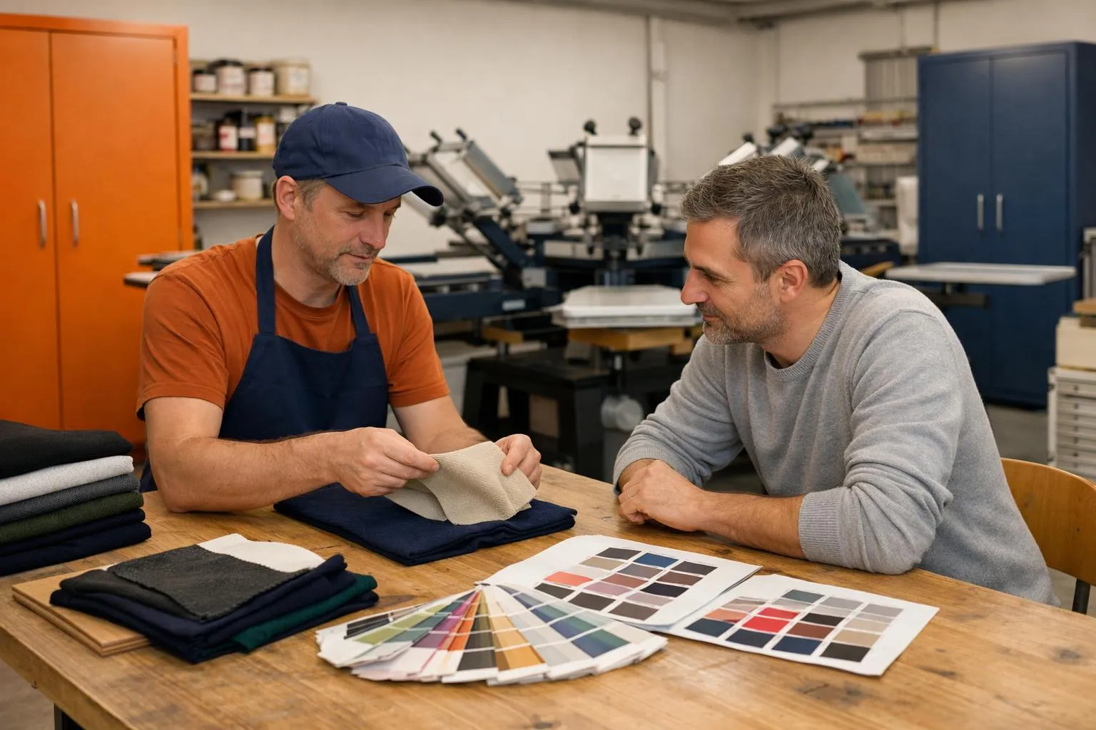 Swiss screen printing workshop interior showing artisan examining textile samples with business client, professional printing equipment in background, warm lighting highlighting fabric textures and color swatches on worktable