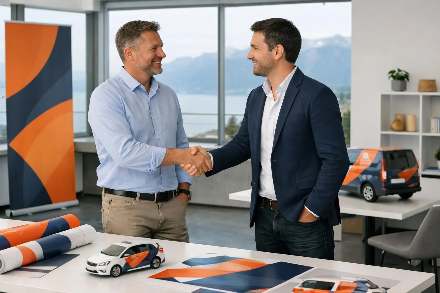 Business owner shaking hands with local advertising agency representative in modern Swiss office near Lausanne, printed banners and vehicle wraps visible on desk, professional collaboration atmosphere