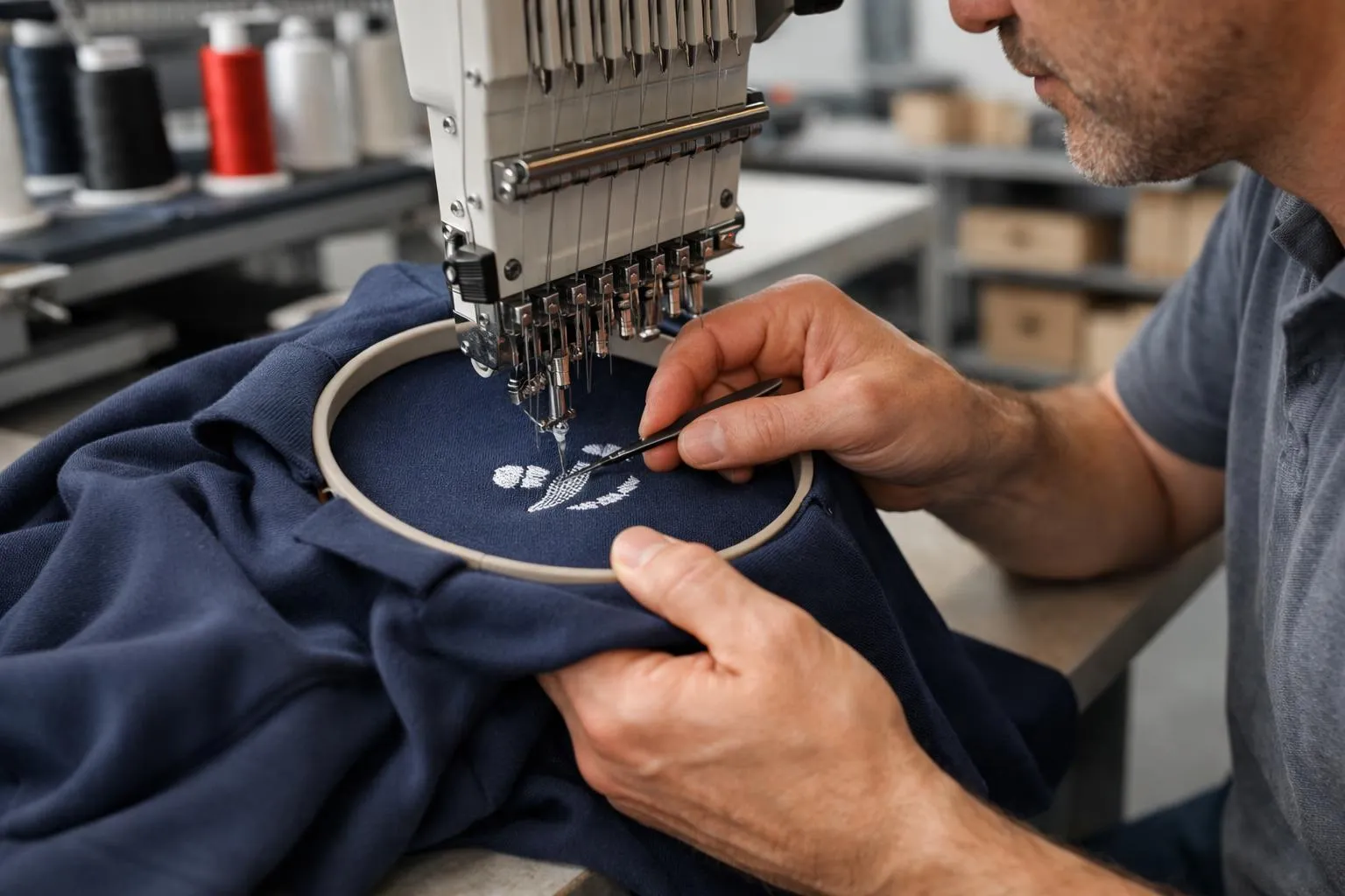 Close-up view of high-quality embroidered company logo on dark blue polo shirt worn by professional employee, with detailed stitching visible showing premium craftsmanship in Swiss business environment