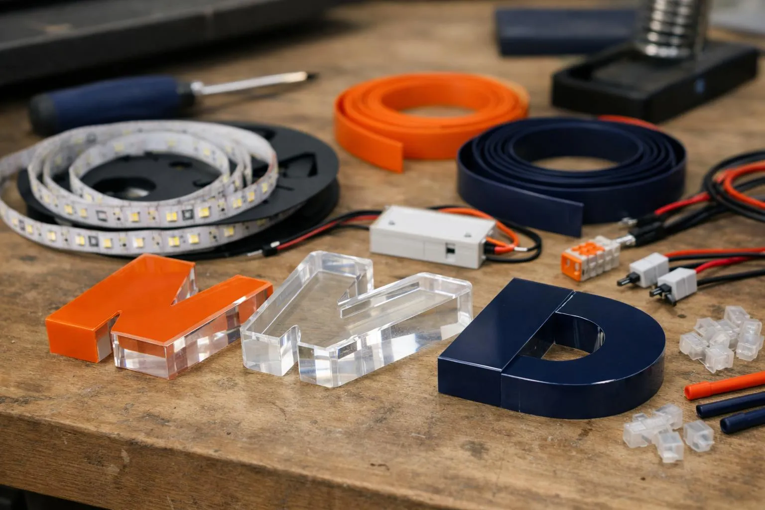 Close-up photographic scene showing hands holding transparent acrylic letter samples with LED strips visible inside, alongside metal support profiles and electrical wiring components on a workshop table, demonstrating the physical materials and technical elements that compose an illuminated sign for businesses