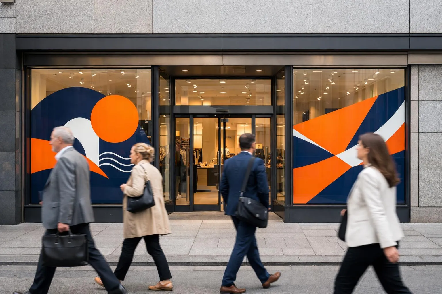 Modern retail storefront in Swiss shopping area with professional window decals displaying business hours and promotional graphics, pedestrians walking past and looking at the attractive display, natural daylight, commercial district atmosphere, no text visible