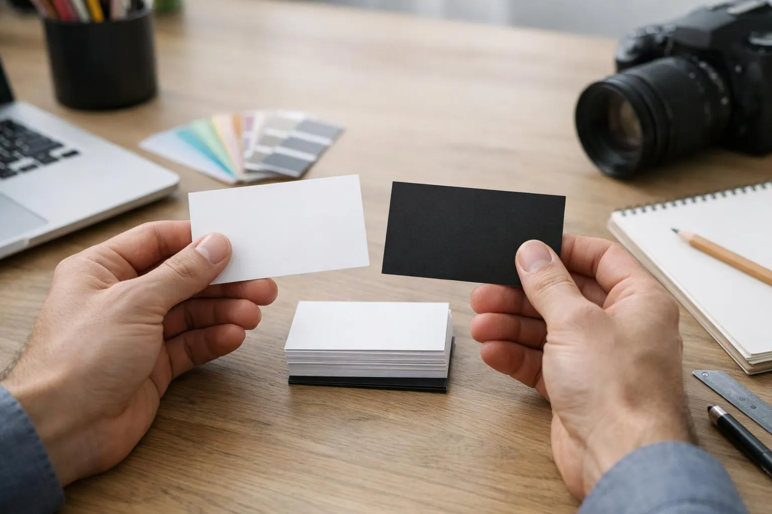 Gros plan sur des mains professionnelles comparant deux cartes de visite physiques avec des polices d'écriture contrastées, l'une moderne sans serif et l'autre classique serif, posées sur un bureau épuré avec des outils de design graphique en arrière-plan flou, éclairage naturel, composition minimaliste sans aucun texte visible