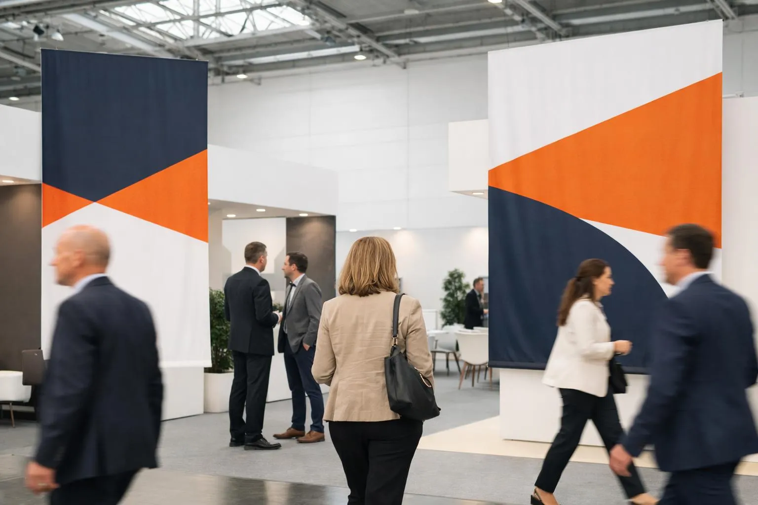 Professional outdoor event setup in Switzerland showing large-format printed event banners displayed at a corporate trade fair, with business professionals walking past exhibition booths featuring high-quality fabric event signage, bright daylight, realistic corporate environment