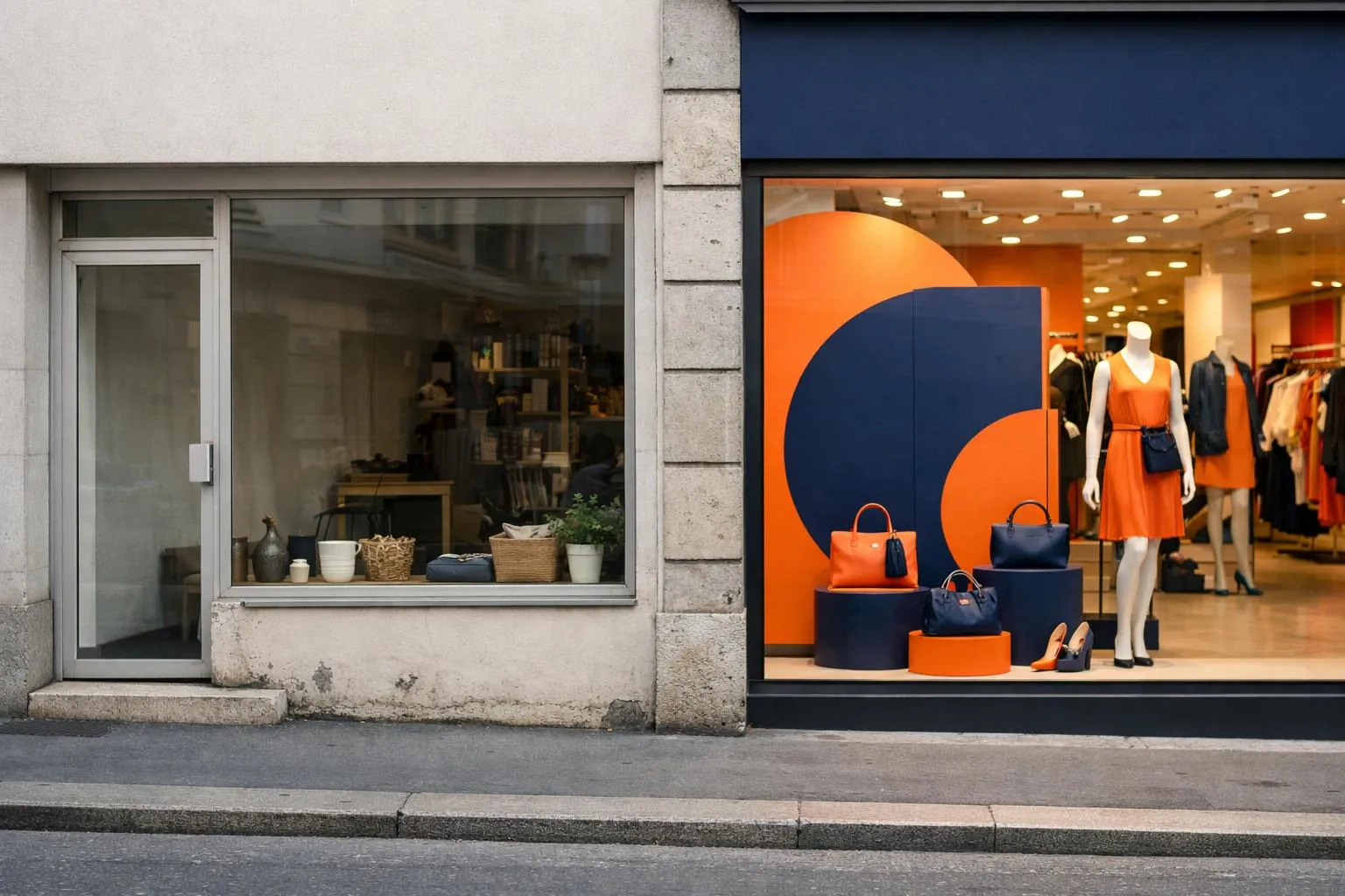 A small business storefront in Lausanne with empty display windows and no visible signage, contrasting with a nearby competitor's vibrant storefront featuring vehicle branding and window graphics, photographed from street level to emphasize the visibility gap between neglected and well-marketed local businesses