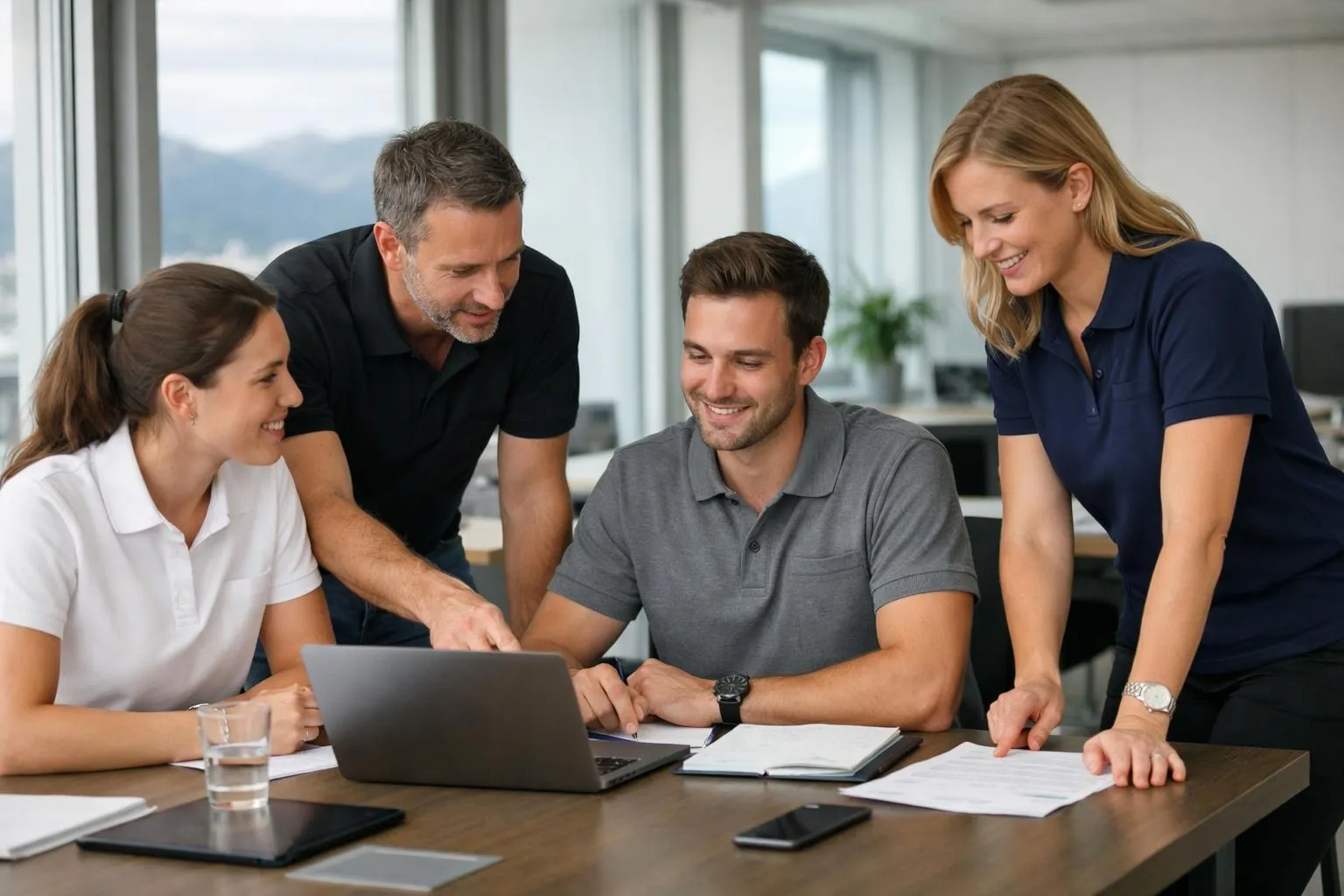 Professional team wearing high-quality branded polo shirts with flocked logos in modern Swiss office setting, employees collaborating around workspace, focus on textile details and corporate identity visibility