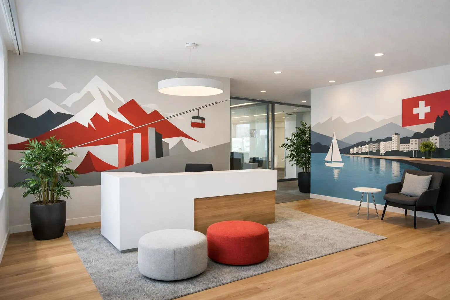 Espace de travail moderne avec mur mural montagneux et scène lacustre.