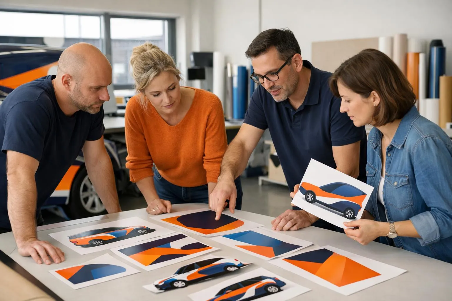 Groupe de personnes examinant des dessins de voitures dans un bureau.