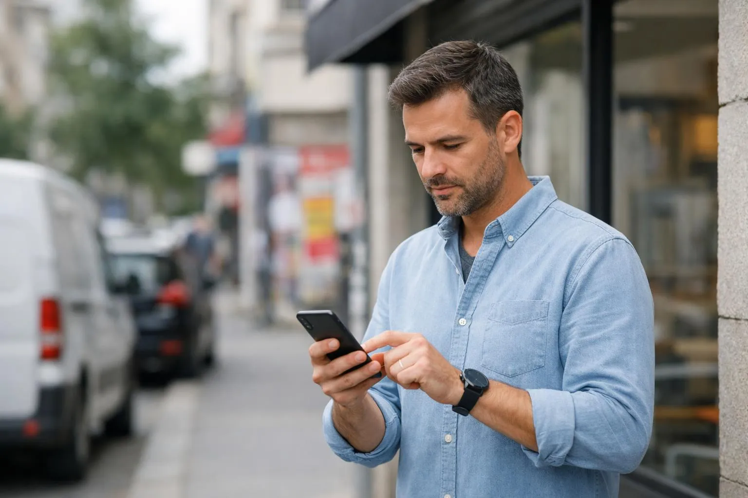 Homme d'affaires utilisant son téléphone portable dans la rue.