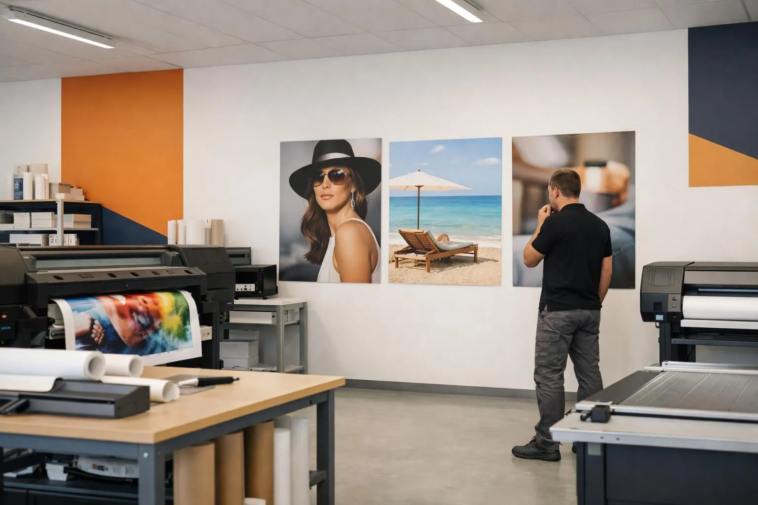 Intérieur d'un studio de photographie avec imprimantes, œuvres murales et personne travaillant.