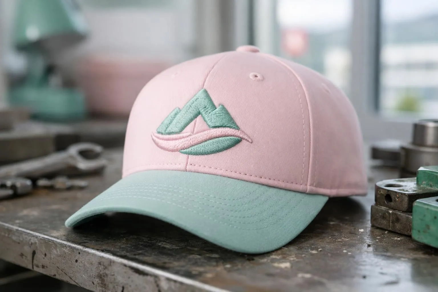 Professional embroidered cap lying on industrial workbench showing detailed colorful logo stitching with soft natural lighting highlighting thread texture and craftsmanship quality in Swiss business environment