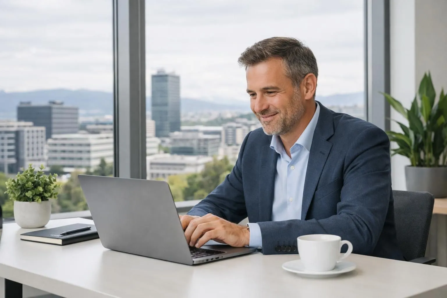 Swiss business professional reviewing single-page website on laptop in bright office space, visible satisfaction expression, modern workspace with plants and natural light, Lausanne business district visible through large windows