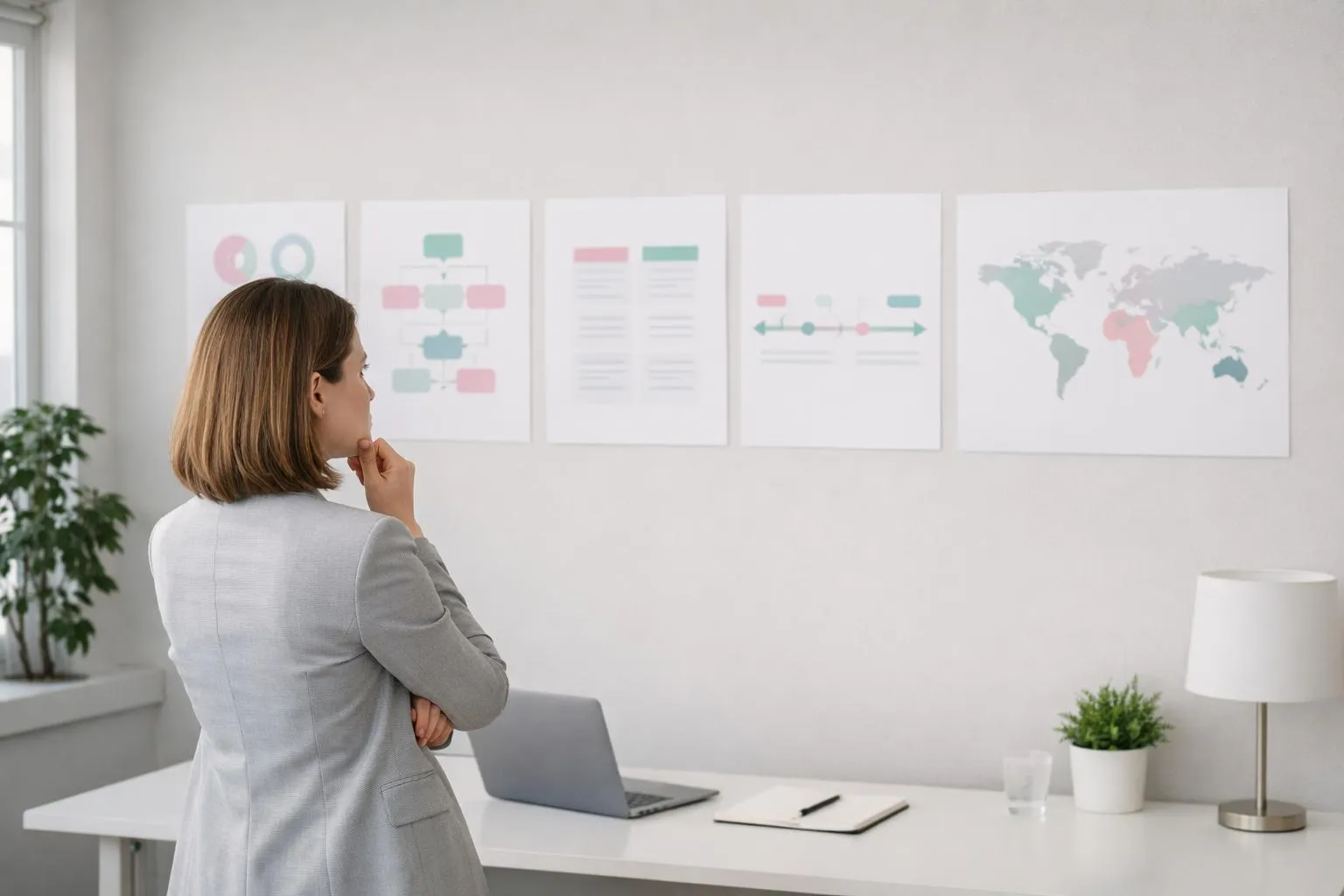 Professional business person reviewing five different types of printed infographic posters displayed on a modern office wall, showing statistical charts, process diagrams, comparison layouts, timeline graphics, and geographical maps in corporate colors, realistic photography, bright office environment