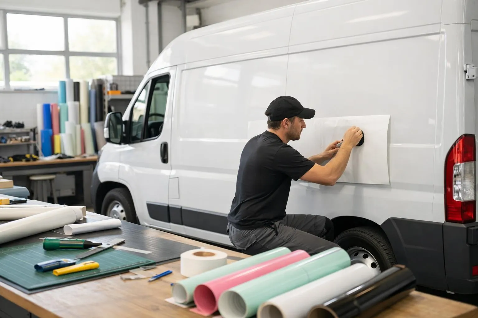 Professional technician applying vinyl lettering to a white delivery van in a modern workshop, showing different stages of vehicle branding from simple decals to full wraps, with rolls of colored vinyl film and precision cutting tools visible on a workbench, photographed in bright natural light
