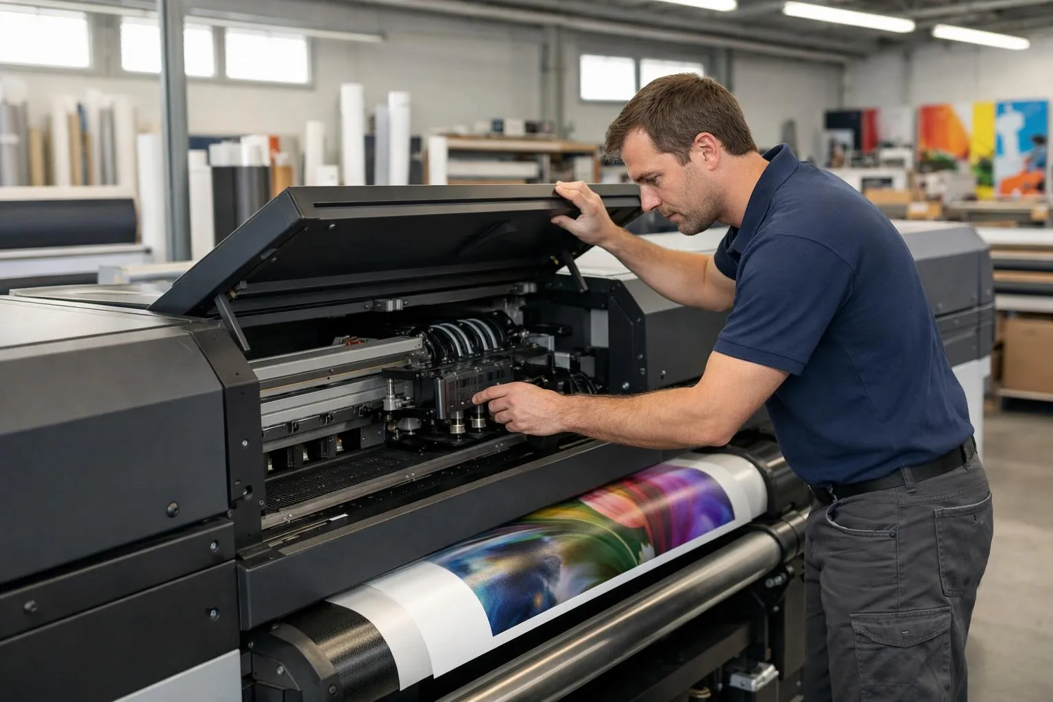 Modern printing workshop in Vaud with vehicle wrapping station and large format printer creating vibrant business signage and promotional materials, technician inspecting quality of printed graphics on professional equipment