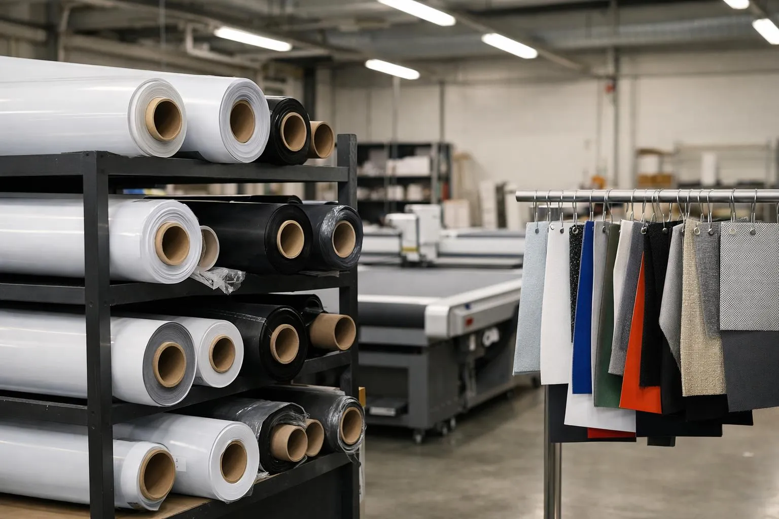Une scène d'atelier d'impression montrant plusieurs rouleaux de bâches PVC de différentes tailles disposés verticalement sur un support, avec des échantillons de matériaux mesh et textile suspendus, dans un environnement professionnel d'imprimerie avec éclairage industriel, équipements de découpe visibles en arrière-plan, ambiance technique et professionnelle