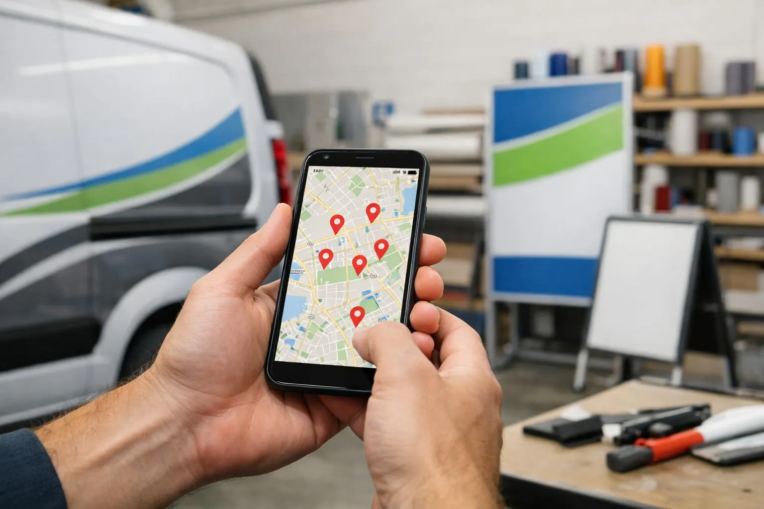 Close-up of hands holding a smartphone displaying a Google Maps interface with business location pins, alongside printed vehicle decals and branded company signage in a professional workshop setting, emphasizing local business visibility tools for visual communication services