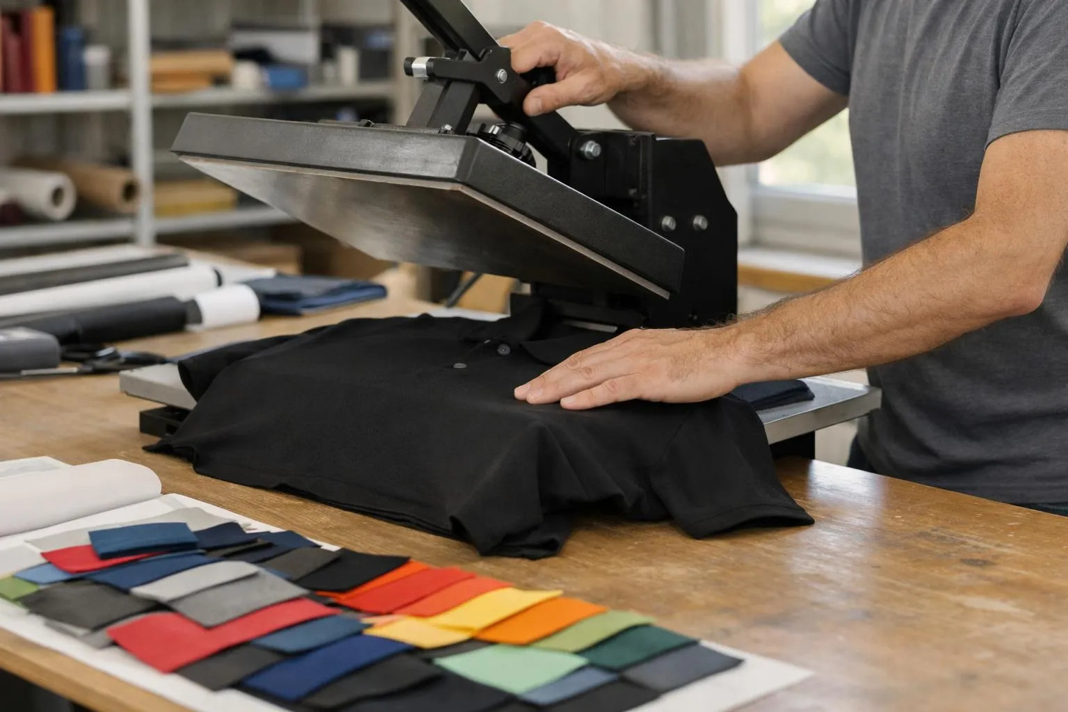 Professional textile flocking workshop in Vaud showing artisan working on corporate garment with specialized heat press equipment and colorful flock material samples on work table, natural lighting highlighting texture and precision craftsmanship