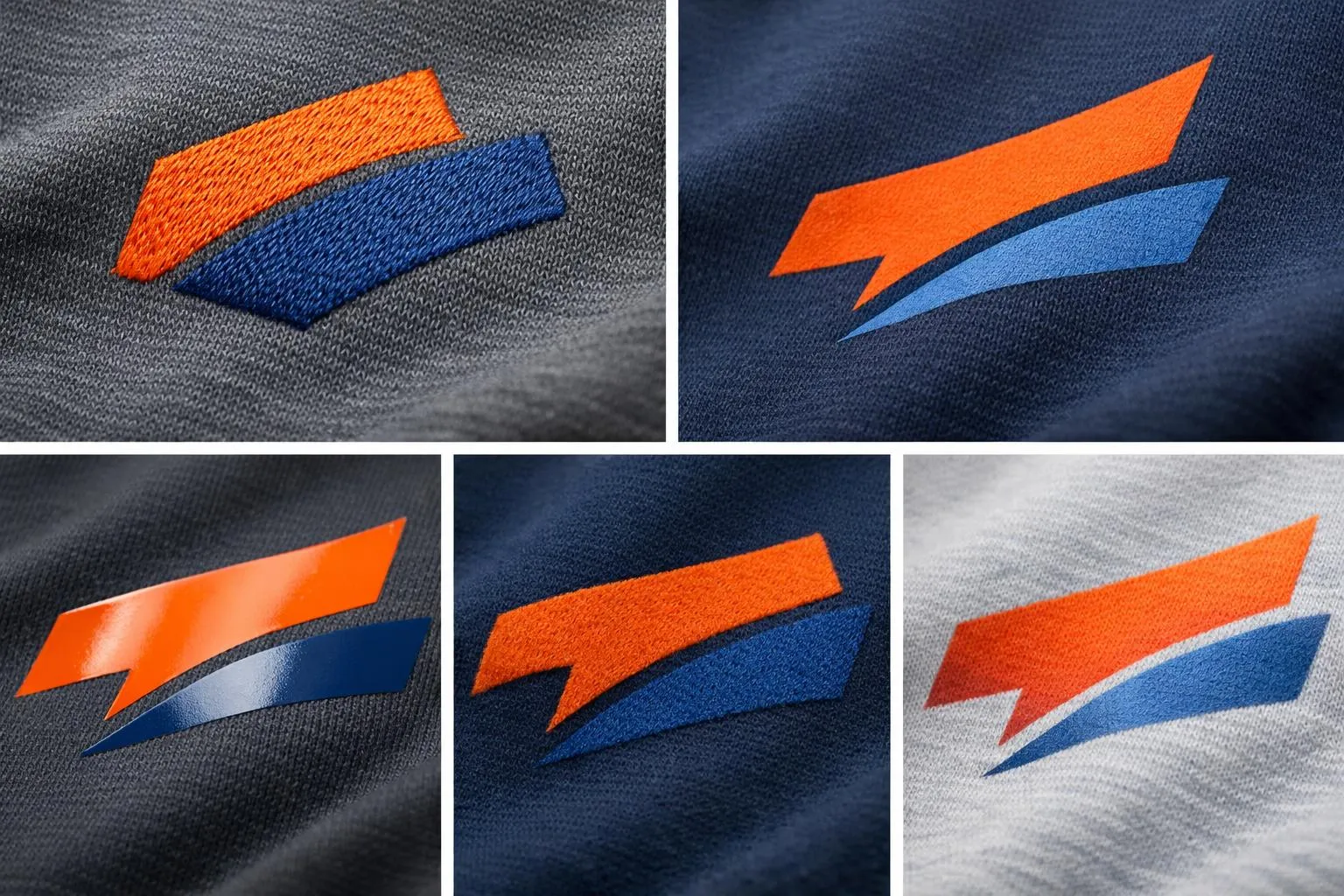 Motifs géométriques orange et bleus sur un vêtement gris.