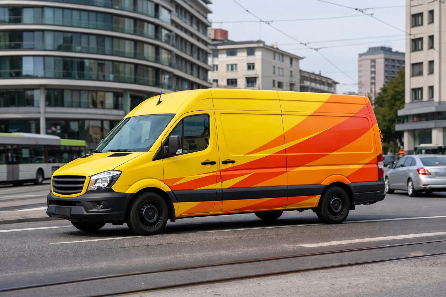 Camionnette de livraison jaune et orange dans une ville.