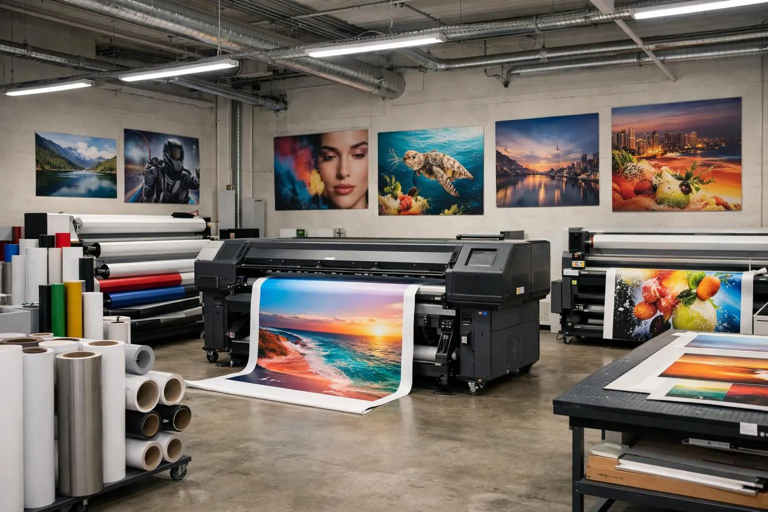 Atelier d'impression numérique avec imprimantes grand format, échantillons d'images variées.
