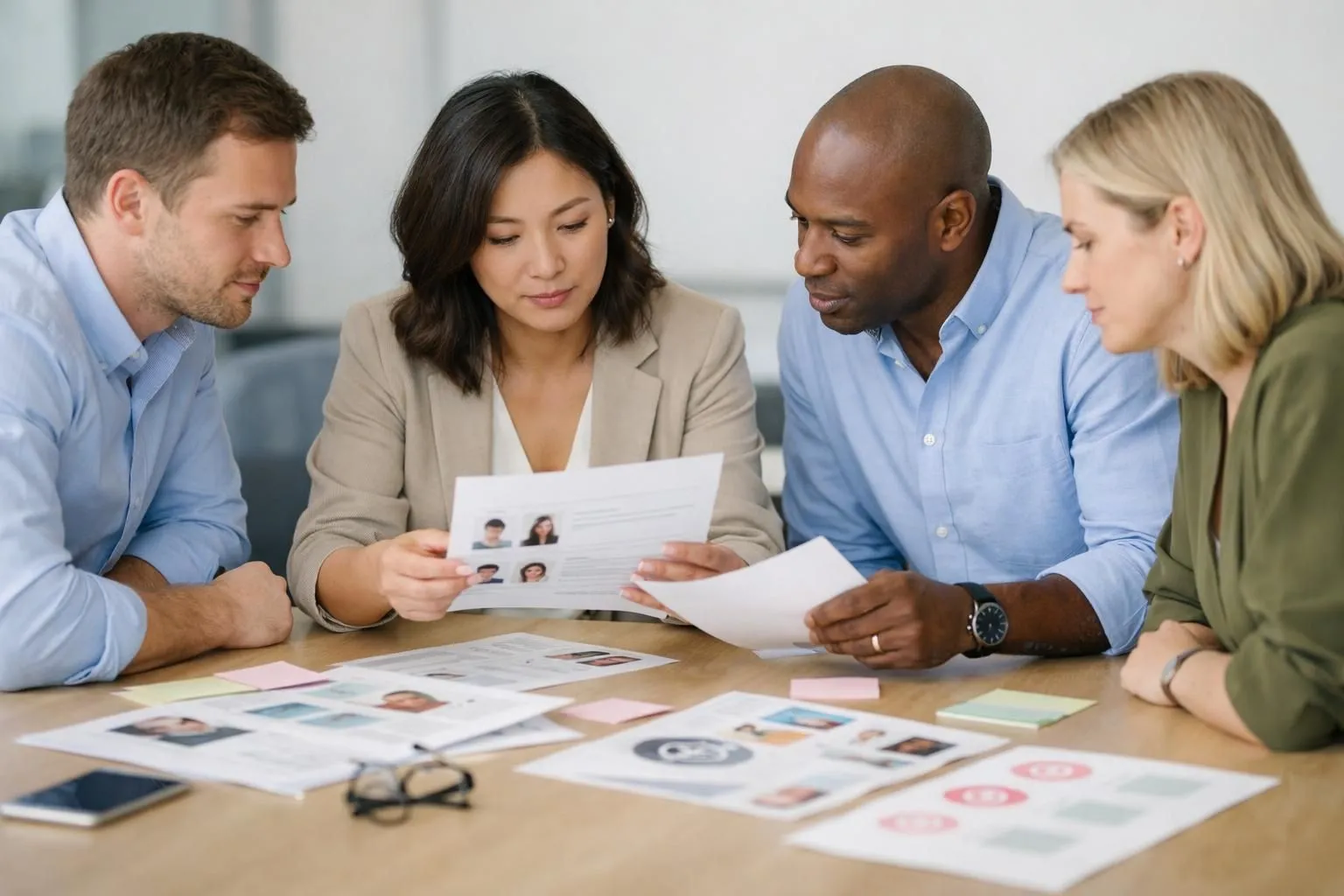 Professional team analyzing customer persona documents and strategic objectives on table with printed marketing materials, realistic business meeting scene without text or labels